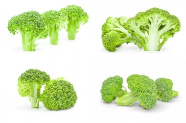 Bir dizi taze brokoli, kırpma yolu olan beyaz bir arkaplanda izole edilmiş.