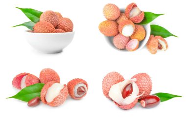 Beyaz bir arka plan üzerinde lychee kümesi