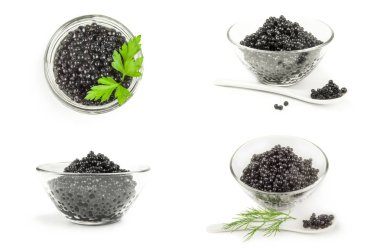 Siyah havyar üzerinde beyaz bir kesme izole kolaj