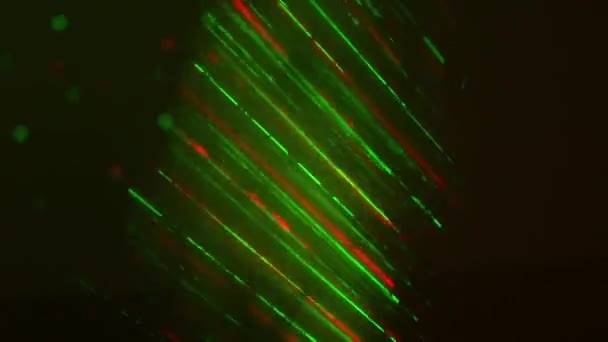 Lasershow-Strahlen strömen. Grün-rote Laserstrahlen auf schwarzem Hintergrund — Stockvideo