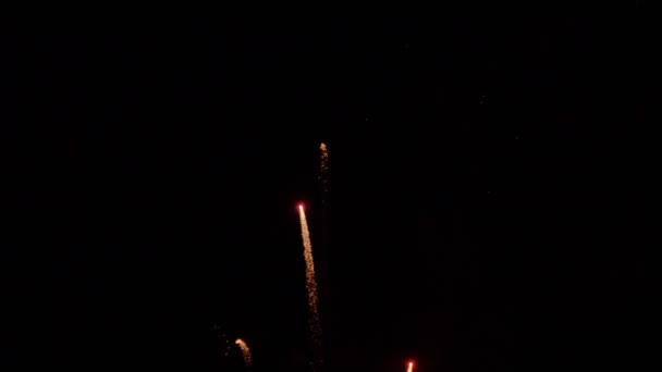 Colorful fireworks of various colors over night sky. Handheld shooting. — Stock Video