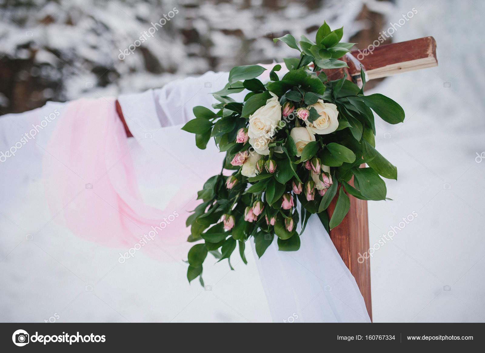 Fragment Of Decorated Flowers Wedding Arches Winter Stock Photo