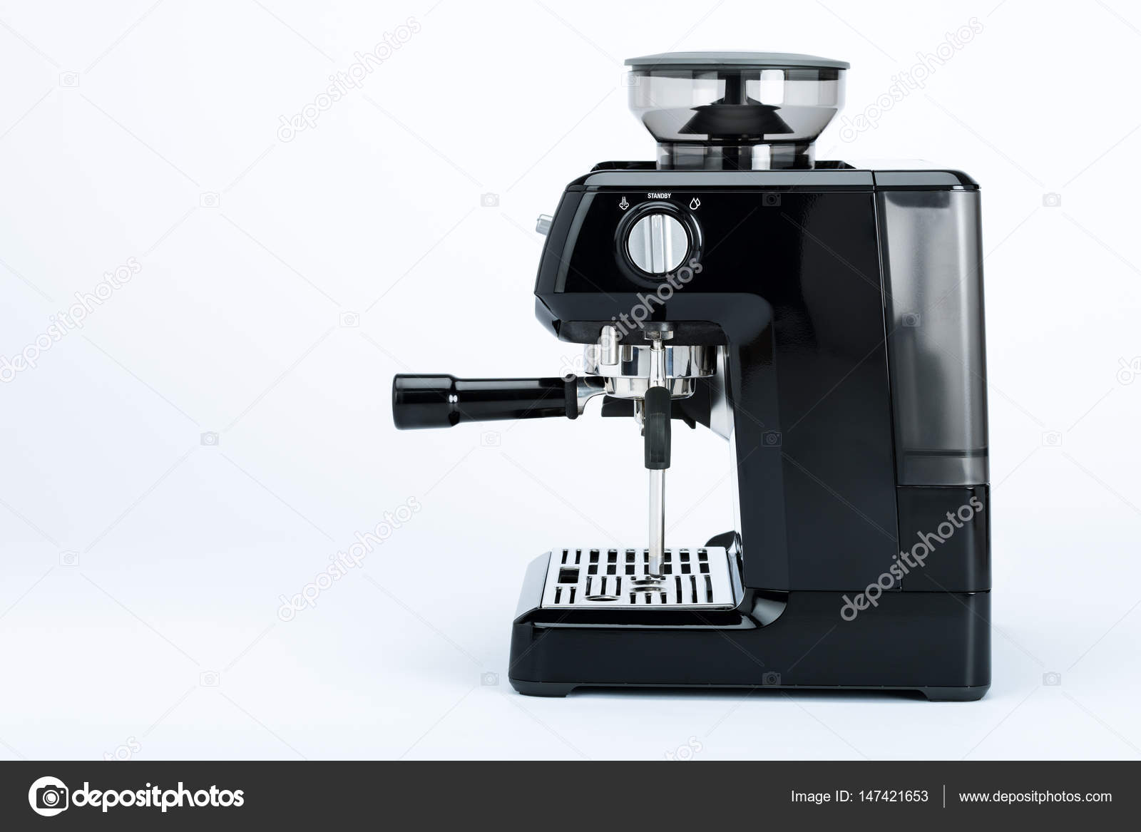 Isolated black manual coffee maker with grinder on a white background, side  view Stock Photo by ©andreaobzerova 147421653