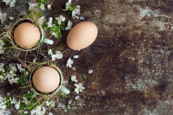 Uncolored natural easter eggs in green espresso cups, happy easter concept with white spring flowers, retro easter background — Stock Photo, Image