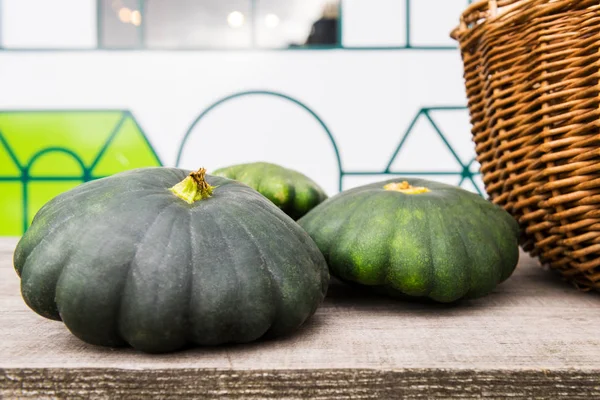 Green Patty pan Squash displayed during farmers market. Fresh bio Patty pan Squash in grocery store or supermarket