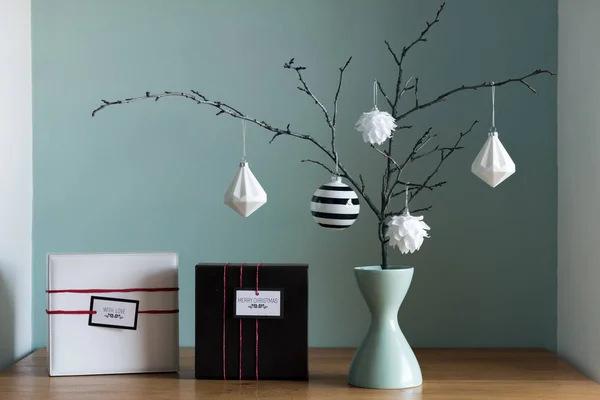 Modern and elegant nordic christmas decor in black and white and red colors