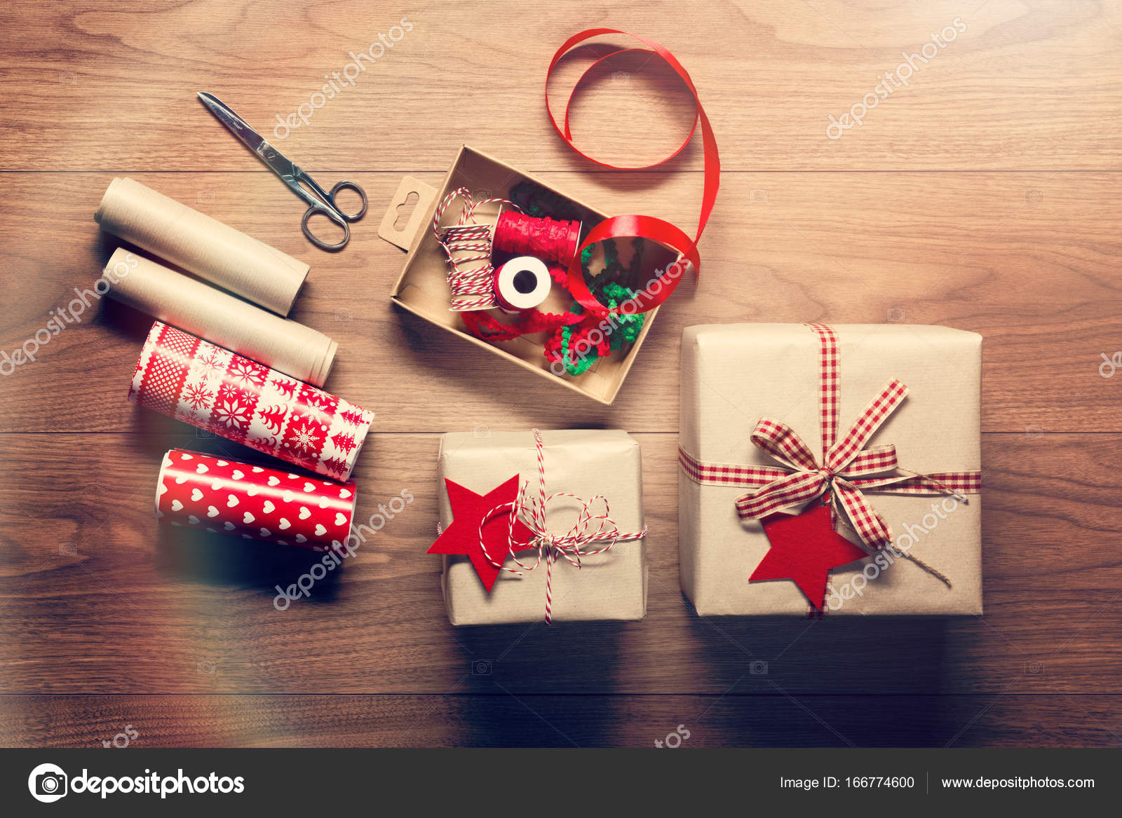 Beautiful retro christmas gift wrapping, xmas concept, DIY desk view