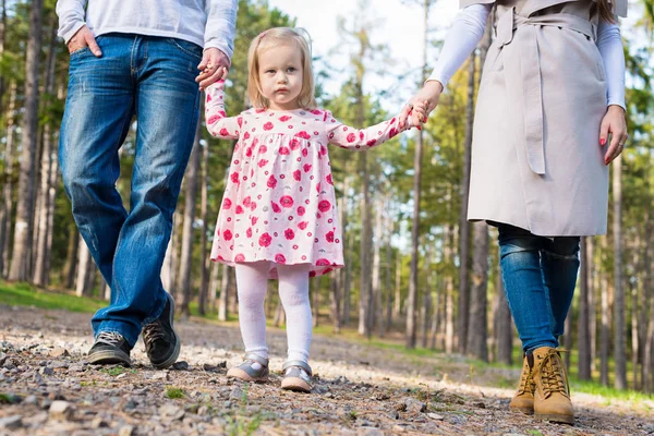 Mutlu genç aile birlikte forrest yol boyunca yürüyüş aile tutuşup yürüyüşe bir parkta — Stok fotoğraf