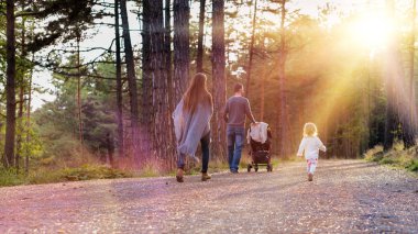 Mutlu genç aile arkadan görünüm bir parkta yürüyüşe. Aile birlikte onların kızı, babası çocuk arabası itme ile forrest yol boyunca yürüyüş elele.