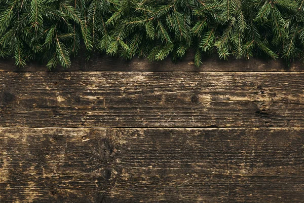 Christmas Background, Fir Tree Branches On Wooden Background, Festive Banner With Copy Space — Stock Photo, Image