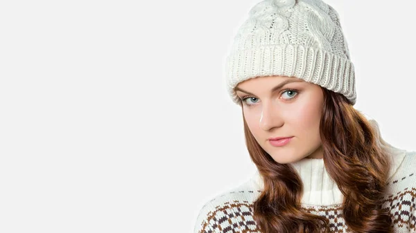 Gorgeous Girl Wearing Warm Knitted Christmas Jumper Hat Xmas Concept — Stock Photo, Image