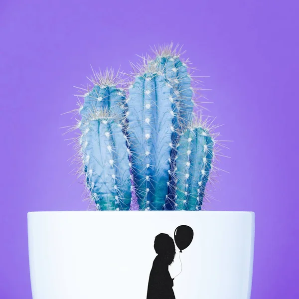 Tendance Néon Violet Bleu Fond Minimal Couleur Avec Plante Cactus — Photo