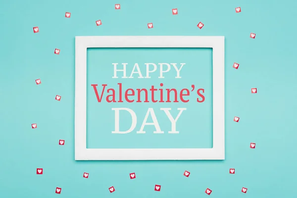 Glücklicher Valentinstag Hintergrund Pastell Blaue Bonbonfarbe Flach Lag Minimales Konzept — Stockfoto
