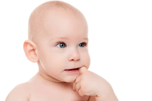 Αξιολάτρευτο Μωρό Αγόρι Μπλε Μάτια Πεολειξία Στο Δάχτυλό Του Κοιτάζει — Φωτογραφία Αρχείου