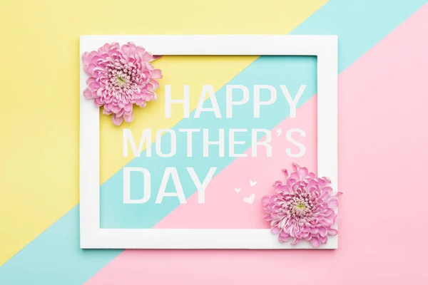 Feliz Día Madre Fondo Color Pastel Tarjeta Felicitación Floral Plana — Foto de Stock