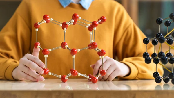 Невпізнавана Студентка Жіночка Яка Тримає Модель Молекулярної Структури Концепція Наукового — стокове фото