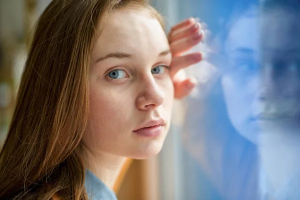 Young Depressed Lonely Female College Student Standing Window Her School — Stock Photo, Image