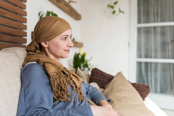 Portrait Young Positive Adult Female Cancer Patient Sitting Living Room — Stock Photo, Image