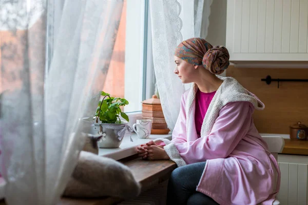 Young Adult Female Cancer Patient Wearing Headscarf Bathrobe Sitting Kitchen — Stock Photo, Image