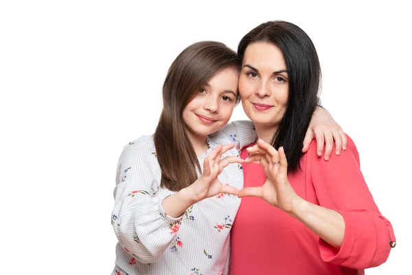 Cute Girl Her Mother Making Together Heart Shape Hand Gesture — Stock Photo, Image