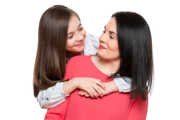 Waist Studio Portrait Cute Playful Schoolgirl Embracing Her Mother Happy — Stock Photo, Image