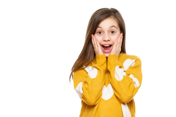 Wow Studio Portrait Adorable Young Schoolgirl Screaming Excitement Isolated White — Stock Photo, Image