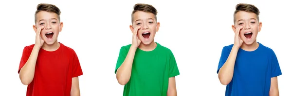 Collage Cute School Boy Colored Shirt Shouting Screaming Camera Speech — Stock Photo, Image