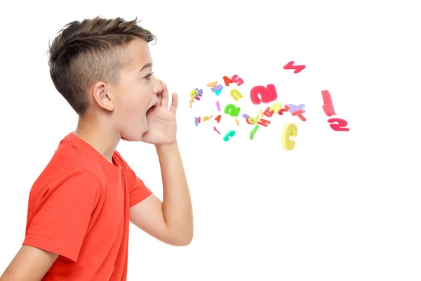 Young Boy Bright Red Shirt Shouting Out Alphabet Letters Speech — Stock Photo, Image