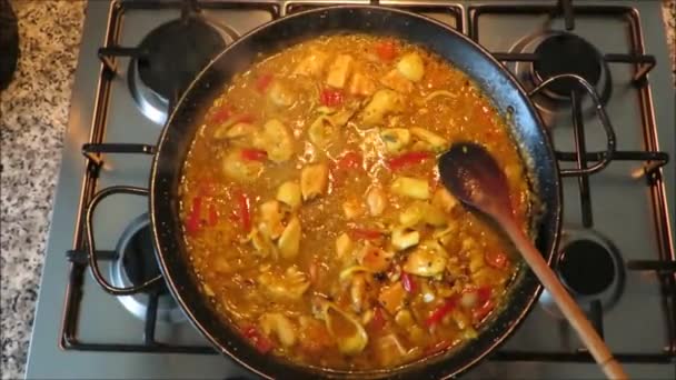 Homemade Seafood Paella Cooking Stove Andalusian Kitchen — Stock Video
