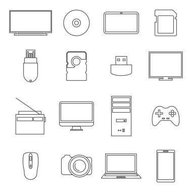 Simgeler dijital cihazlar, ince çizgiler, illüstrasyon vektör.