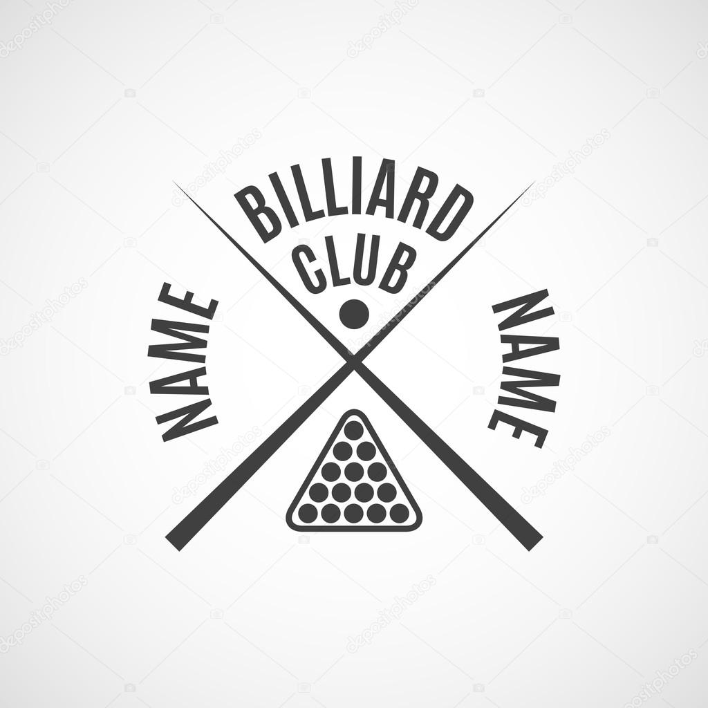 Grey logo for different types of billiards, pool, snooker, isolated on white background in retro style, vector illustration.