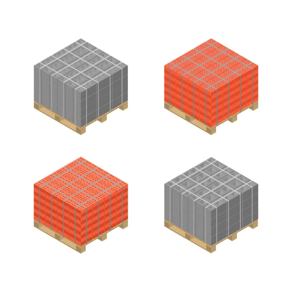 Isometric wooden pallet with cinder blocks and bricks, vector illustration. Vector Graphics