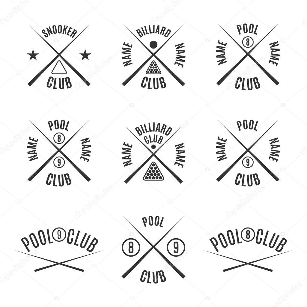 Set of nine different types of emblems billiards, pool, snooker, isolated on white background in retro style, vector illustration.