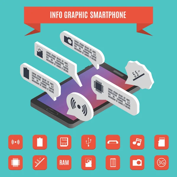 Elementos de infografías teléfono inteligente isométrico, ilustración vectorial . — Vector de stock