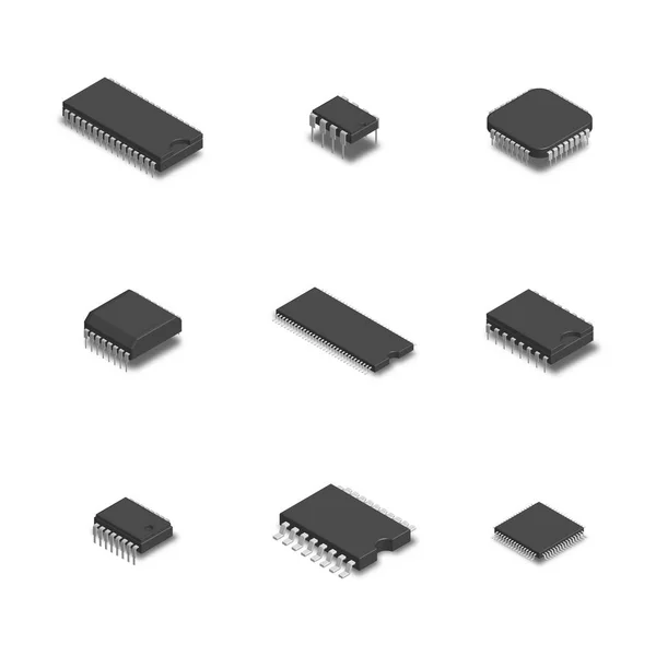 Set van verschillende chips in 3d, vectorillustratie. — Stockvector