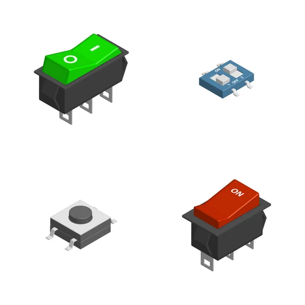 Set van verschillende elektrische knoppen en schakelaars in 3d, vectorillustratie. — Stockvector