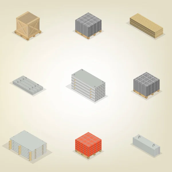 Set verschiedener Baumaterialien in 3D, Vektorillustration. — Stockvektor