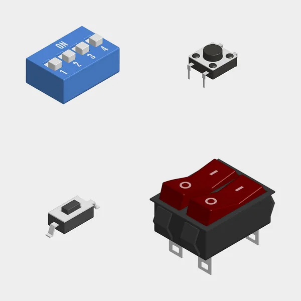 Conjunto de diferentes botões elétricos e interruptores em 3d, ilustração vetorial . — Vetor de Stock