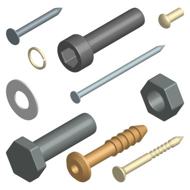 Set of fasteners in 3D, vector illustration. clipart
