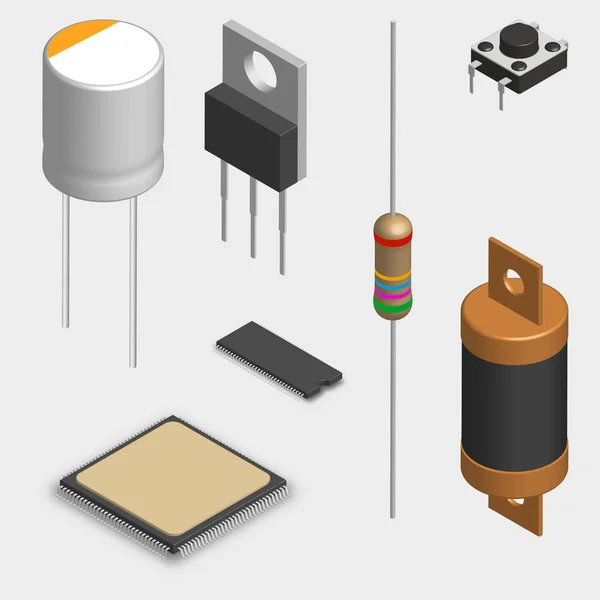 Satz verschiedener elektronischer Komponenten in 3D, Vektorillustration. — Stockvektor