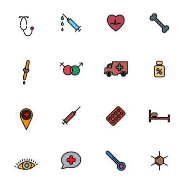 Siyah kontur, vektör çizim ile düz tıbbi simge kümesi.