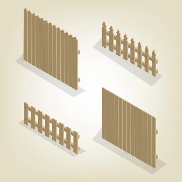 Conjunto de tramos isométricos cercas de madera, ilustración vectorial . — Vector de stock
