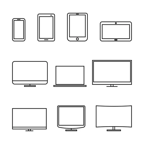Iconos dispositivos digitales, líneas delgadas, ilustración vectorial . — Vector de stock