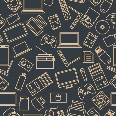 İnce çizgiler, vektör çizim bilgisayar ve gadget simgeleri bir dizi seamless modeli.
