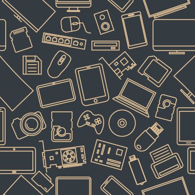 İnce çizgiler, vektör çizim bilgisayar ve gadget simgeleri bir dizi seamless modeli.