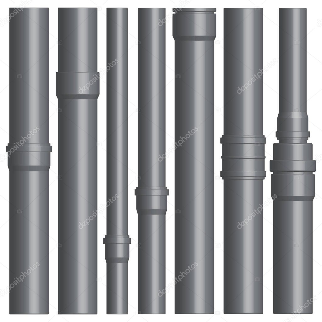 Set of various plastic pipes with connectors, vector illustration.