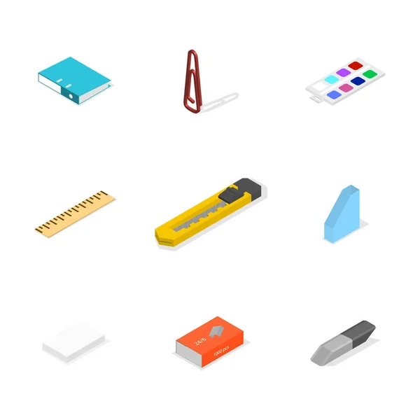 Set of icons, office and school. Flat 3d isometric style, vector illustration. — Stock Vector