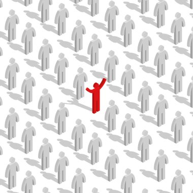 Çubuk figürler. Lider ve takım konsepti. Düz 3D izometrik biçim, vektör illüstrasyonu.