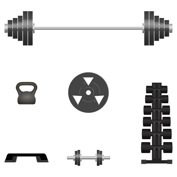 Set Sports Equipment Items Elements Design Gym Fitness Room Front — Stock Vector