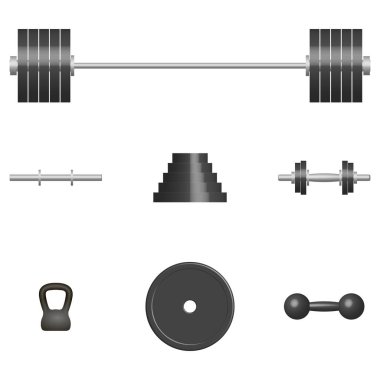 Üç boyutlu spor aletleri seti. Beden eğitimi ve spor salonu için element tasarımı. Ön görünüm, vektör illüstrasyonu.